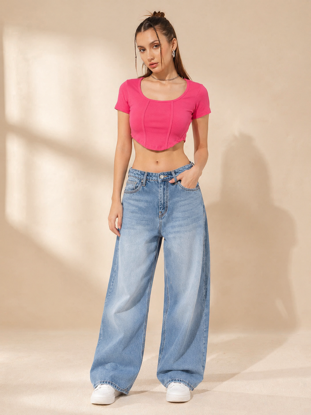 MUSE & MODE Women's Hot Pink Rib Knit Square Neck Crop Top | Slim Fit Stretchy Short Sleeve Y2K Top | Trendy Aesthetic Casual Top for Women