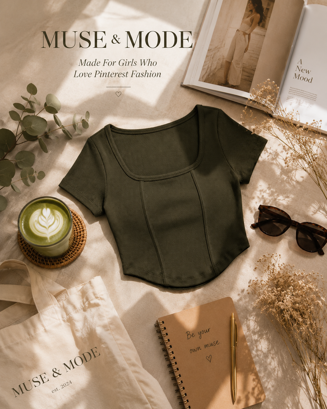 MUSE & MODE Women's Ribbed Contour Crop Top | Soft Stretch Fitted Top | Square Neck Short Sleeve Casual Summer Top