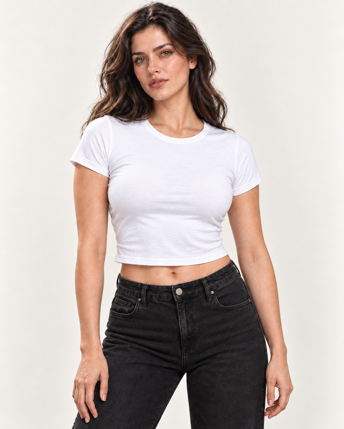 A woman modeling a fitted white short-sleeve crop top with black high-waisted jeans against a plain light background.