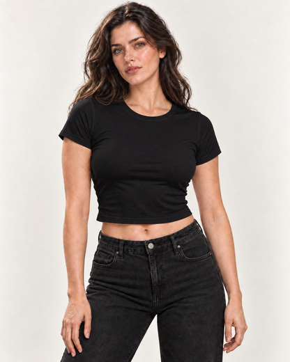 Women’s Plain Black Fitted Baby Tee – Cotton Stretch | MUSE & MODE
