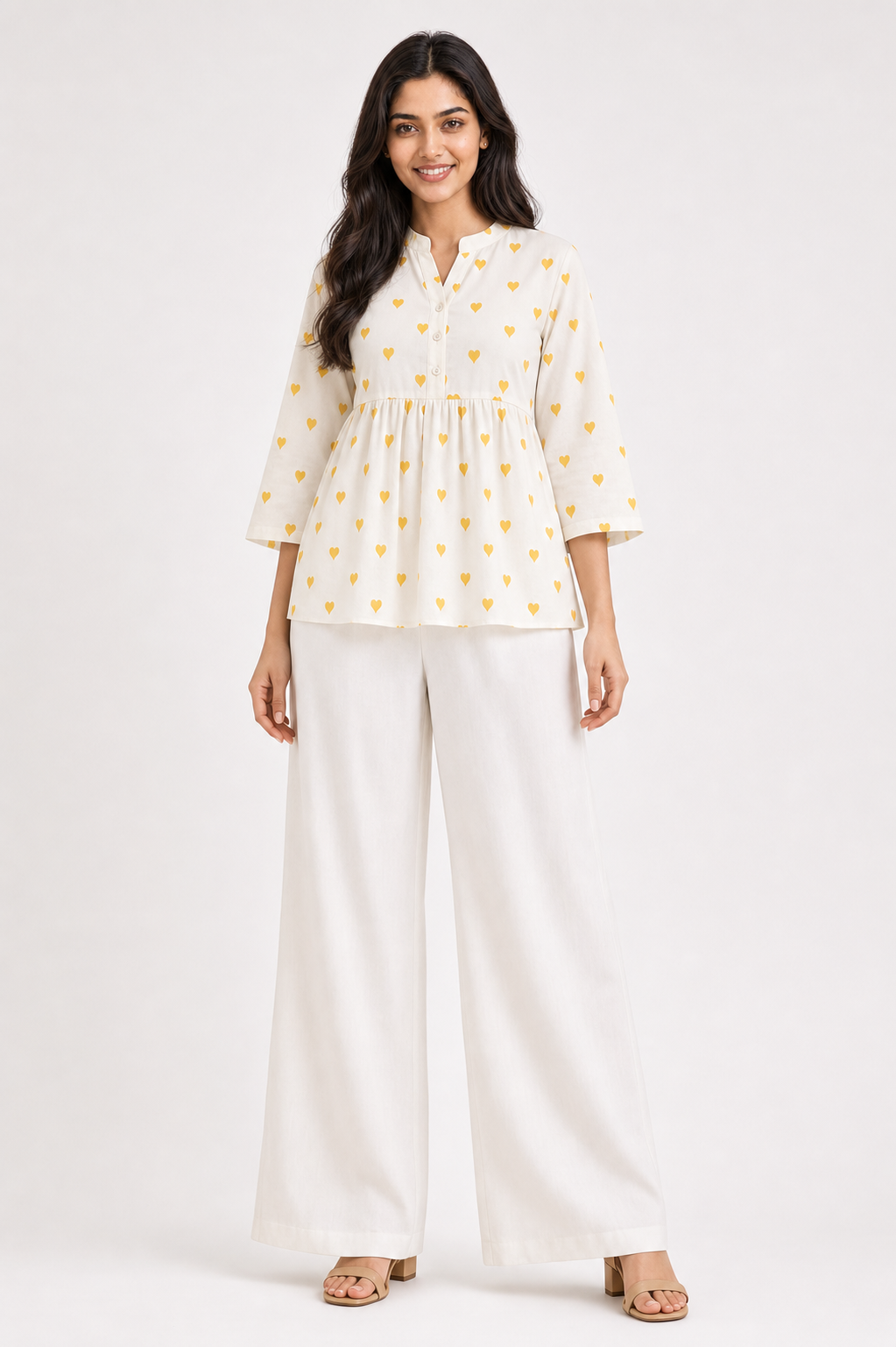 Ivory Mustard Heart Print Cotton Peplum Top