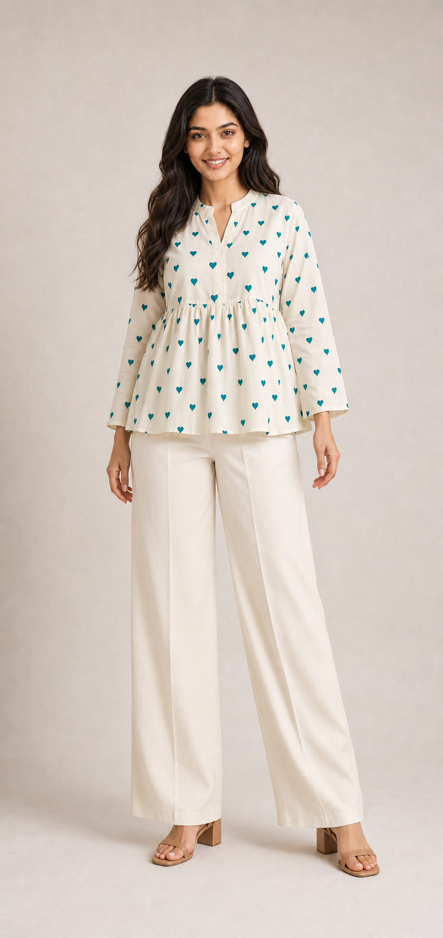 Ivory Teal Heart Print Cotton Peplum Top