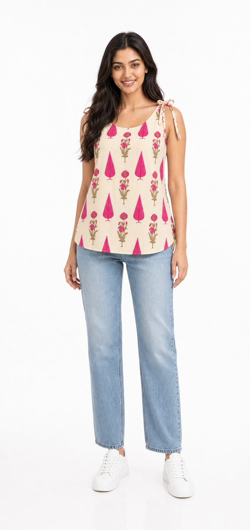 Pink Block Print Tie-Shoulder Cami Top - front view with denim