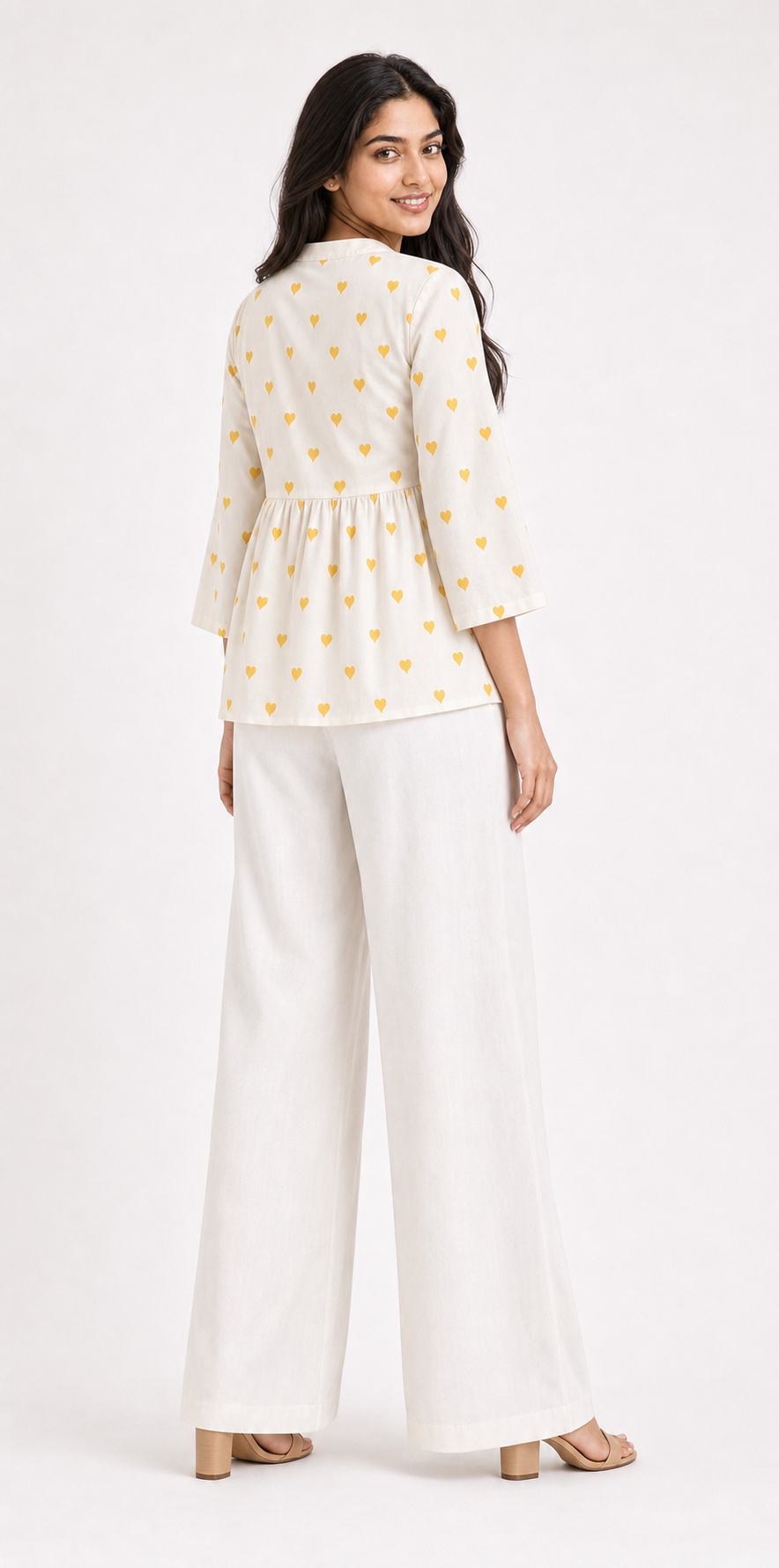 Ivory Mustard Heart Print Cotton Peplum Top