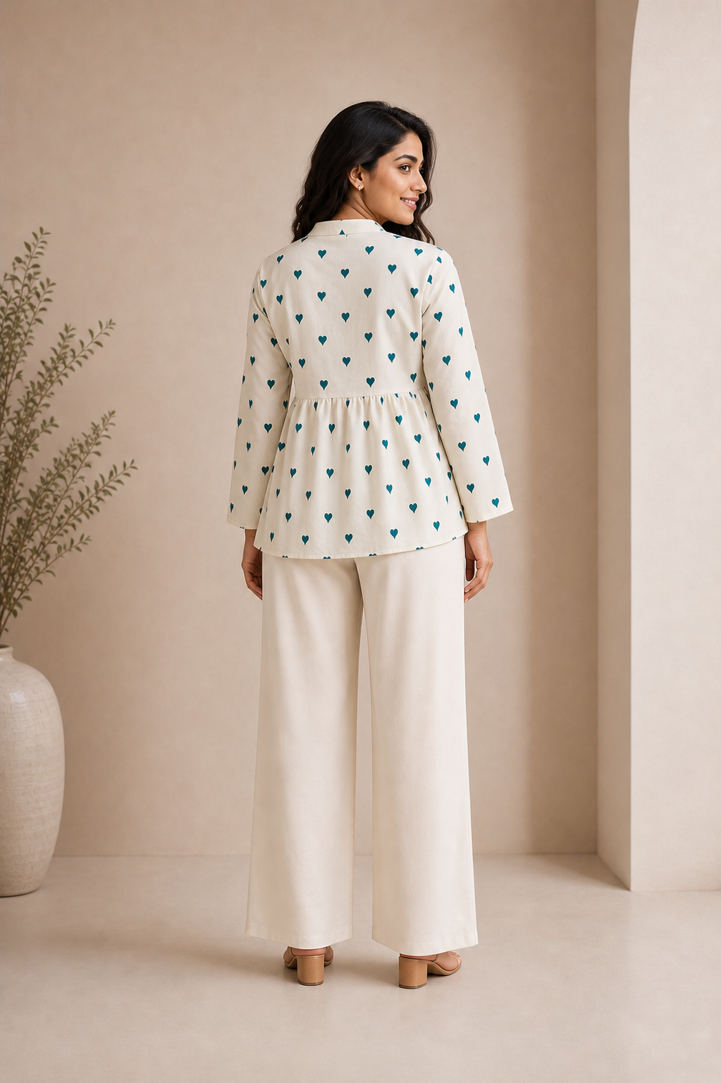Ivory Teal Heart Print Cotton Peplum Top