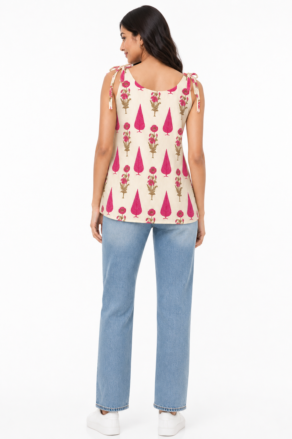 Pink Block Print Tie-Shoulder Cami Top - back view