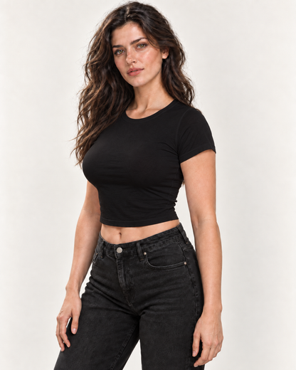 Women’s Plain Black Fitted Baby Tee – Cotton Stretch | MUSE & MODE