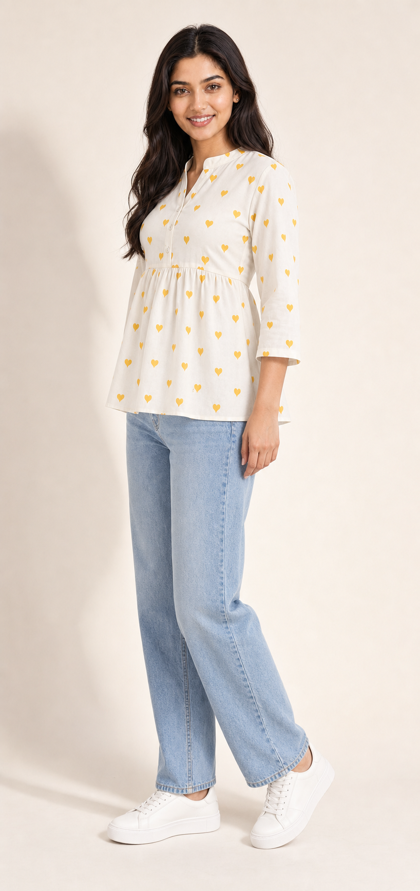 Ivory Mustard Heart Print Cotton Peplum Top