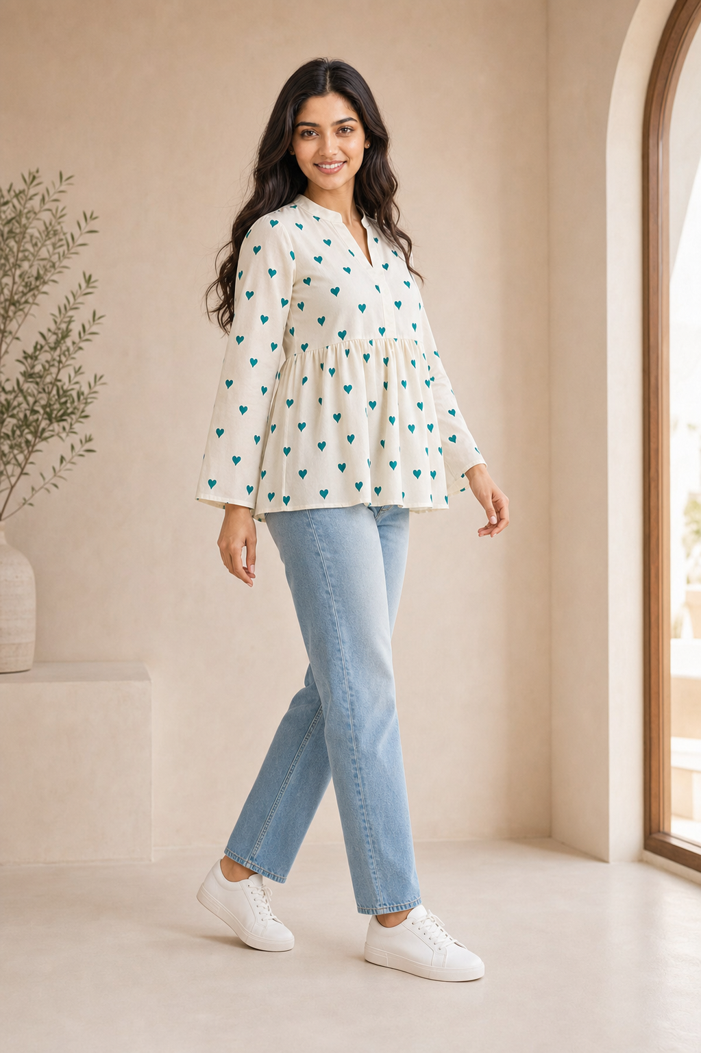 Ivory Teal Heart Print Cotton Peplum Top