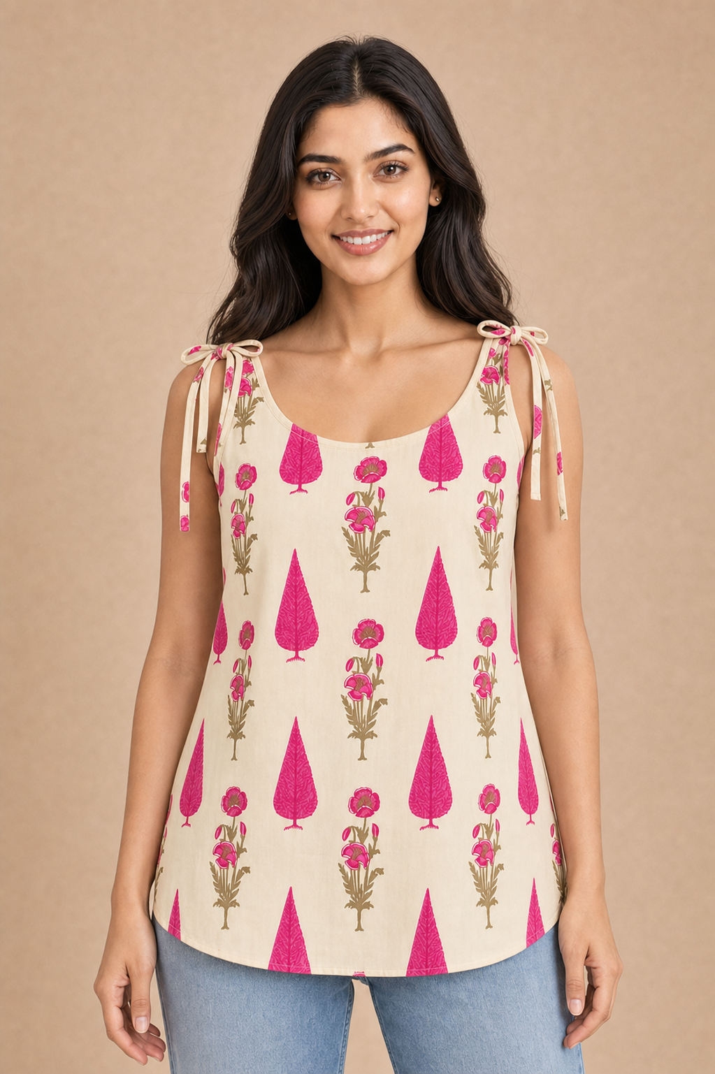 Pink Block Print Tie-Shoulder Cami Top - front construction detail