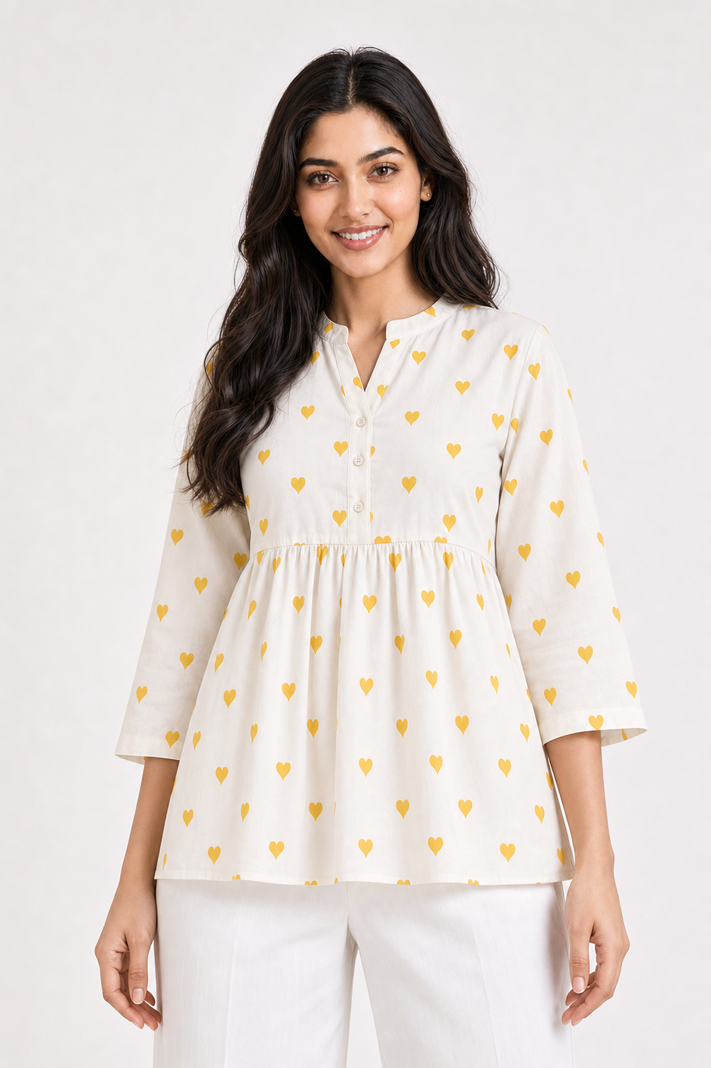 Ivory Mustard Heart Print Cotton Peplum Top