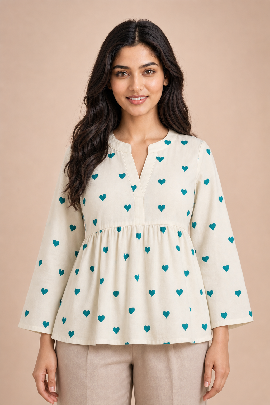 Ivory Teal Heart Print Cotton Peplum Top