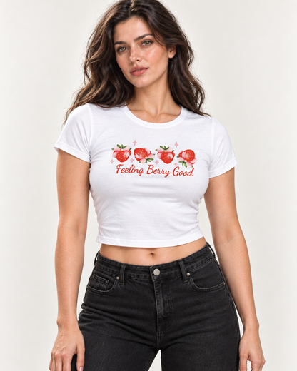 Feeling Berry Good Women's Fitted Baby Tee – White Strawberry Print