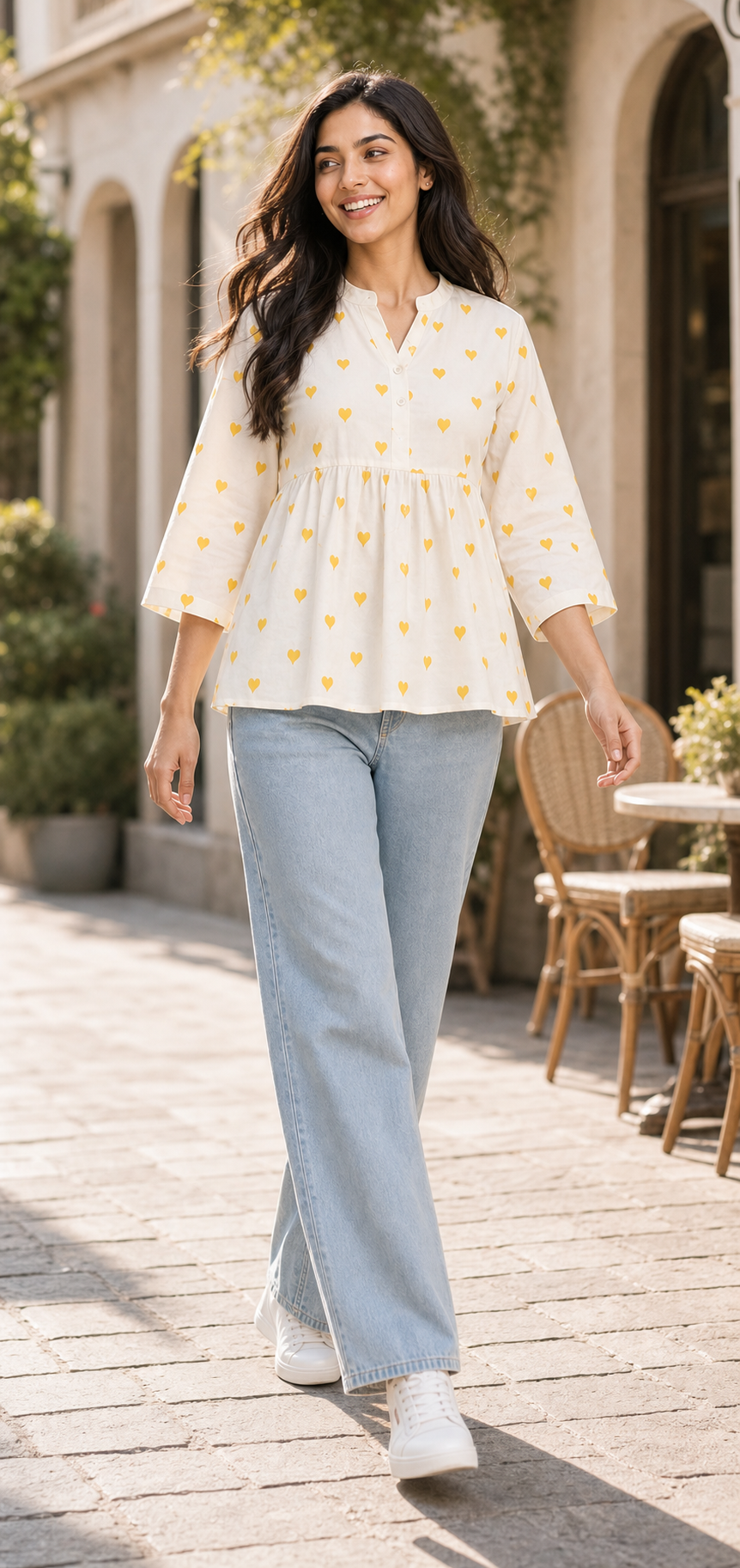 Ivory Mustard Heart Print Cotton Peplum Top