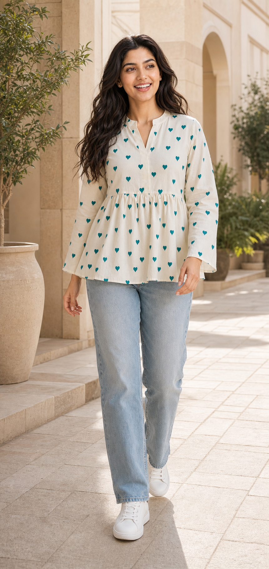 Ivory Teal Heart Print Cotton Peplum Top