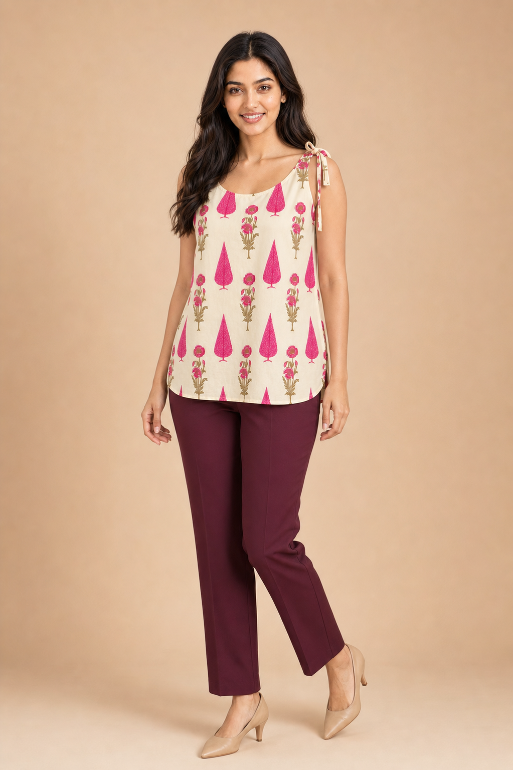 Pink Block Print Tie-Shoulder Cami Top - styled with berry trousers