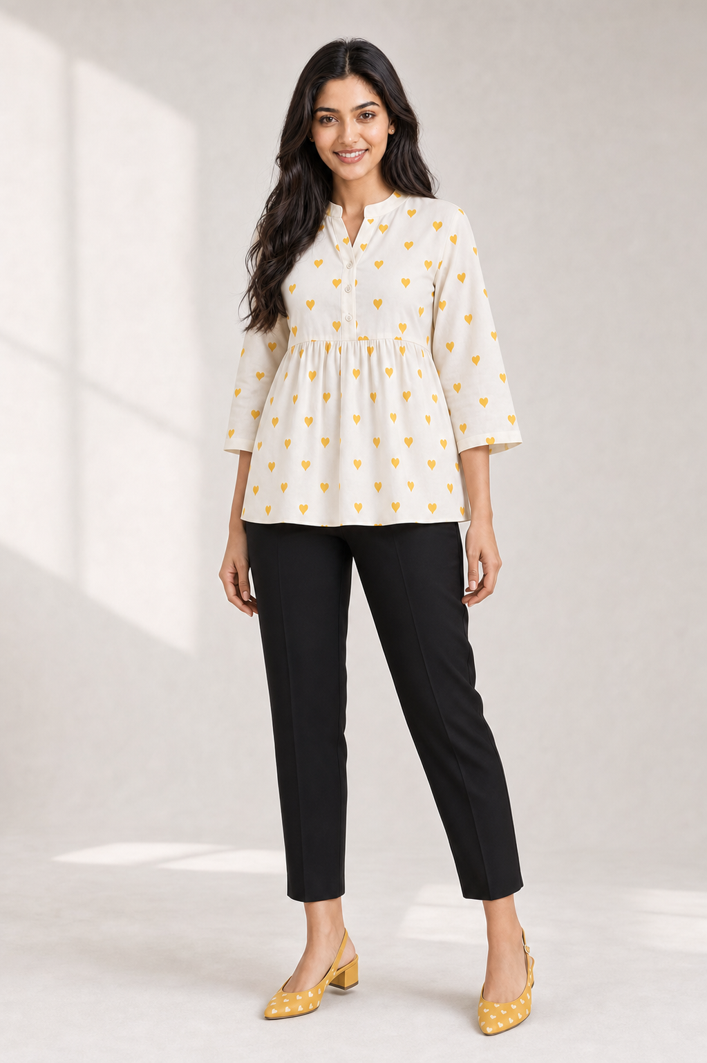 Ivory Mustard Heart Print Cotton Peplum Top