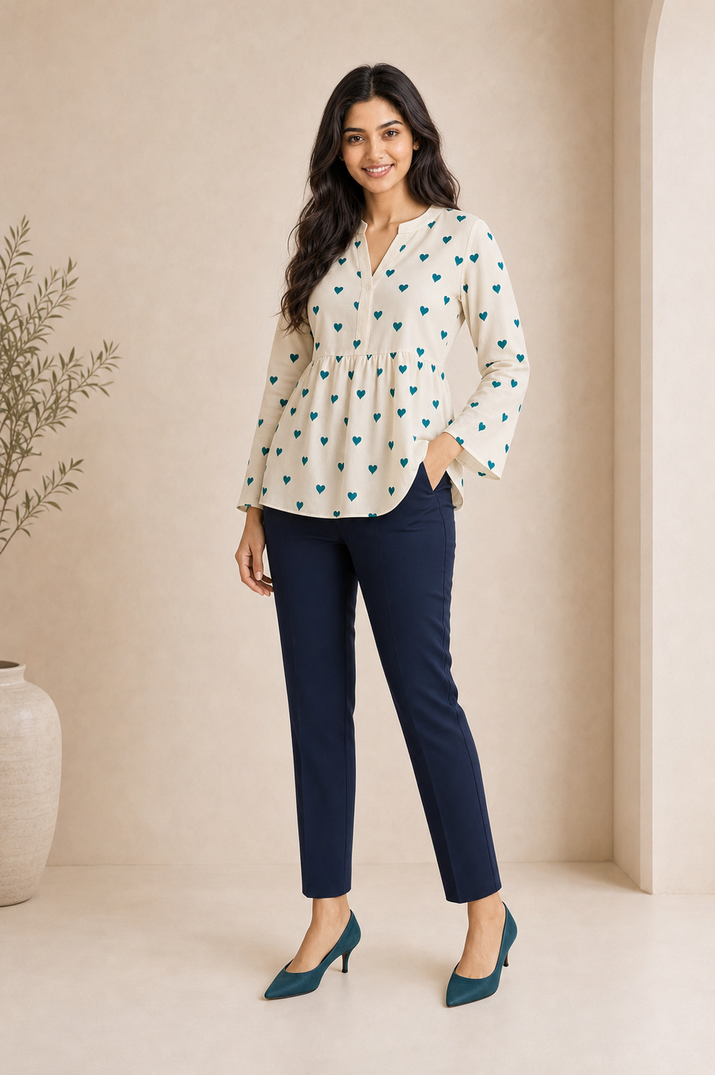 Ivory Teal Heart Print Cotton Peplum Top