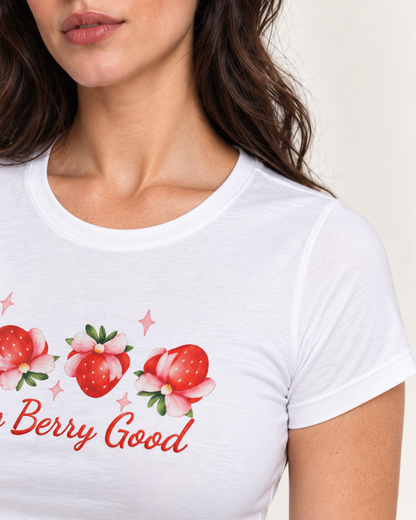 Feeling Berry Good Women's Fitted Baby Tee – White Strawberry Print