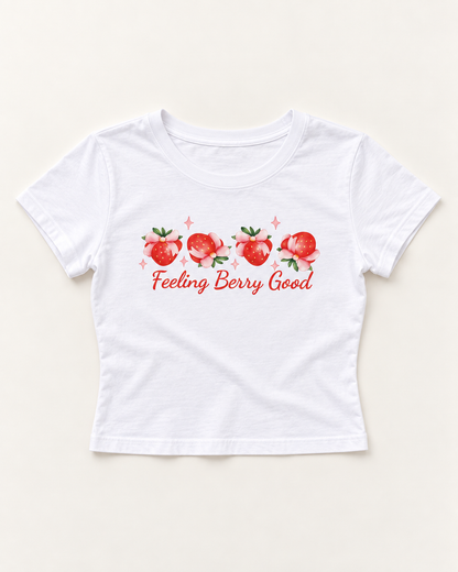 Feeling Berry Good Women's Fitted Baby Tee – White Strawberry Print