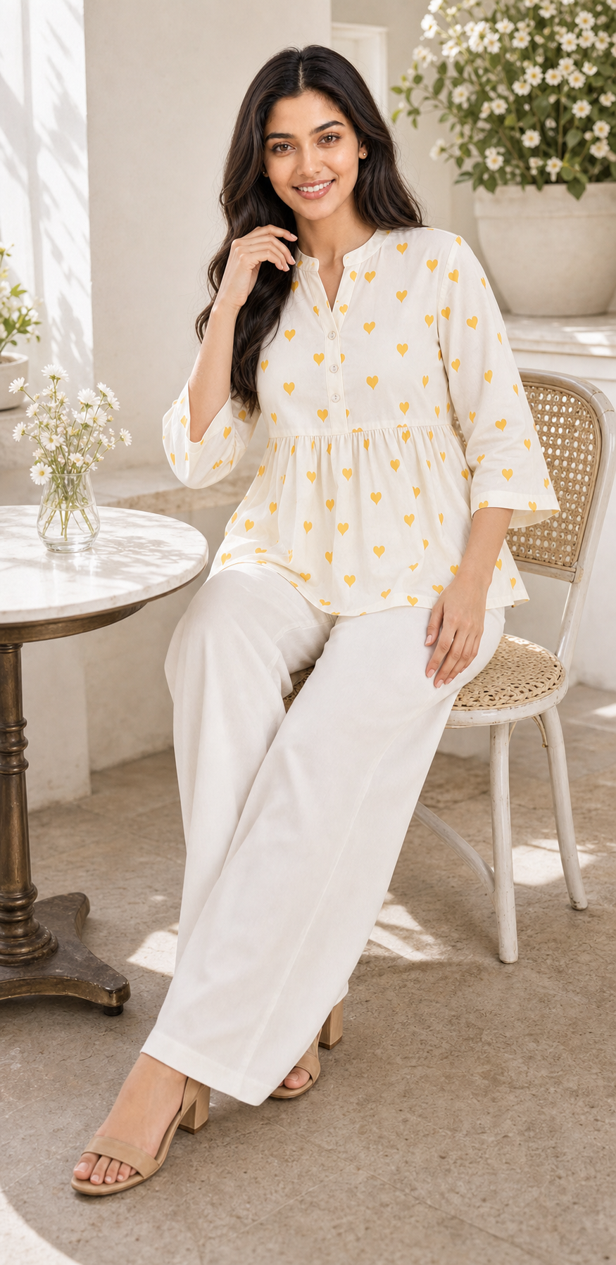 Ivory Mustard Heart Print Cotton Peplum Top