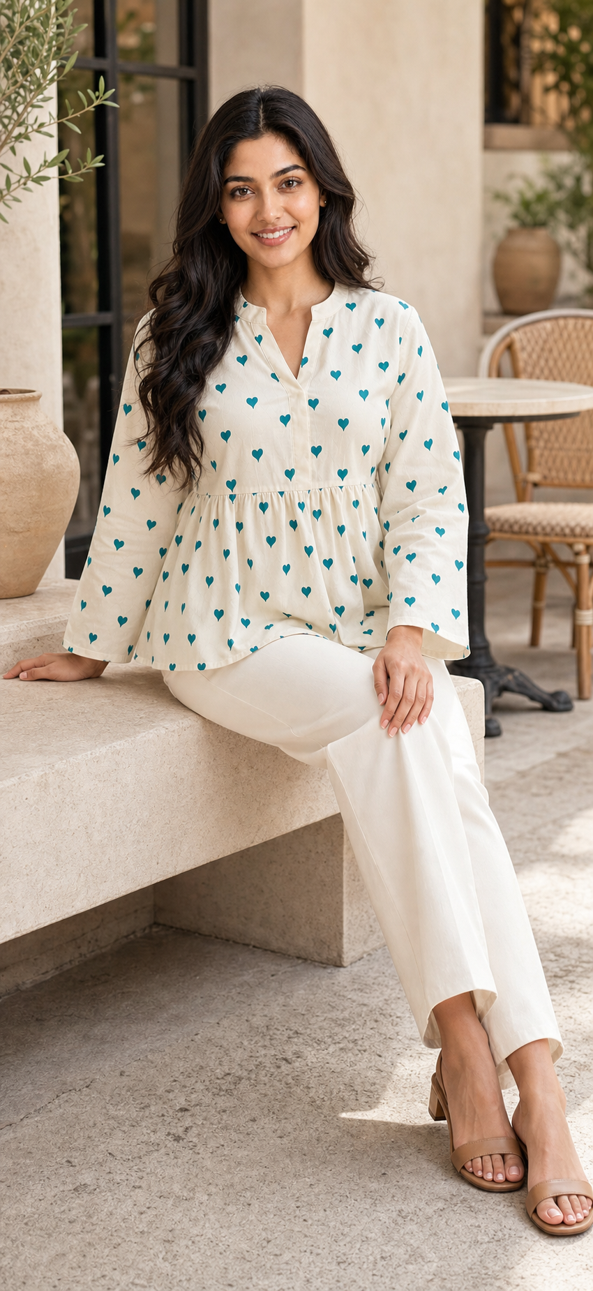 Ivory Teal Heart Print Cotton Peplum Top