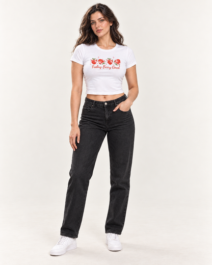 Feeling Berry Good Women's Fitted Baby Tee – White Strawberry Print