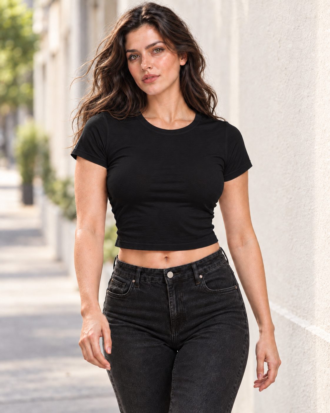Women’s Plain Black Fitted Baby Tee – Cotton Stretch | MUSE & MODE