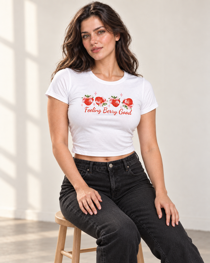 Feeling Berry Good Women's Fitted Baby Tee – White Strawberry Print