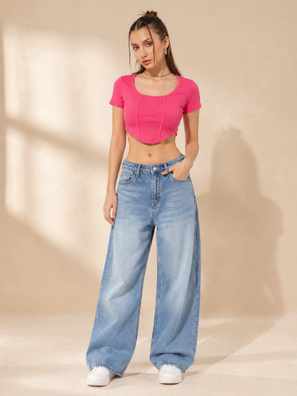 MUSE & MODE Women's Hot Pink Rib Knit Square Neck Crop Top | Slim Fit Stretchy Short Sleeve Y2K Top | Trendy Aesthetic Casual Top for Women