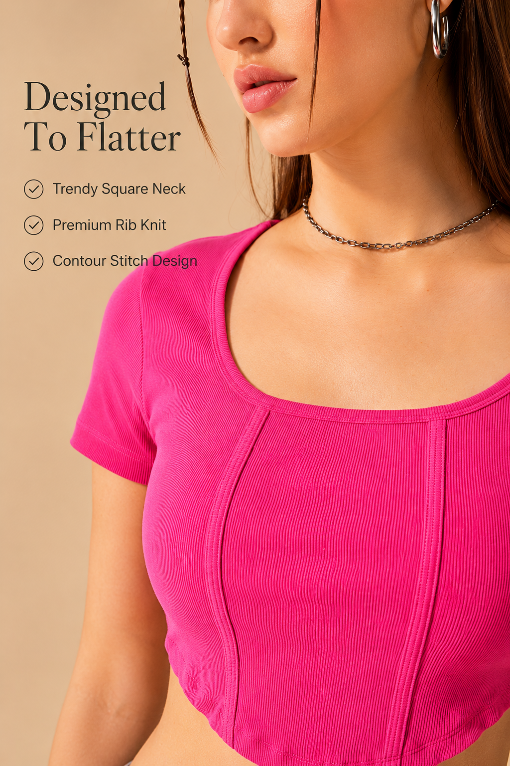 MUSE & MODE Women's Hot Pink Rib Knit Square Neck Crop Top | Slim Fit Stretchy Short Sleeve Y2K Top | Trendy Aesthetic Casual Top for Women