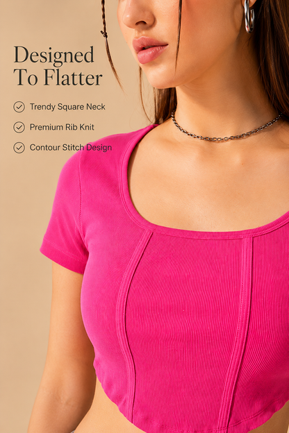 MUSE & MODE Women's Hot Pink Rib Knit Square Neck Crop Top | Slim Fit Stretchy Short Sleeve Y2K Top | Trendy Aesthetic Casual Top for Women