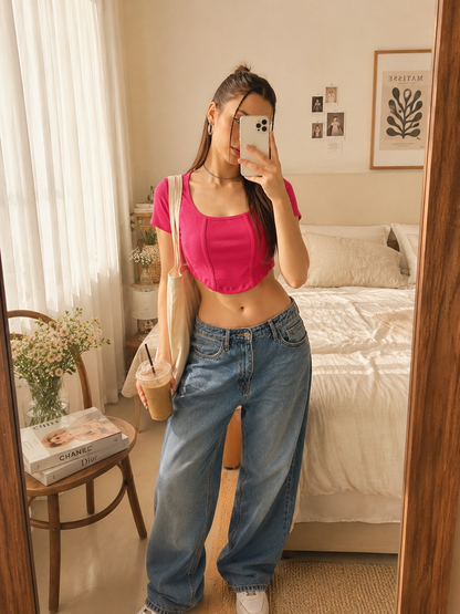 MUSE & MODE Women's Hot Pink Rib Knit Square Neck Crop Top | Slim Fit Stretchy Short Sleeve Y2K Top | Trendy Aesthetic Casual Top for Women