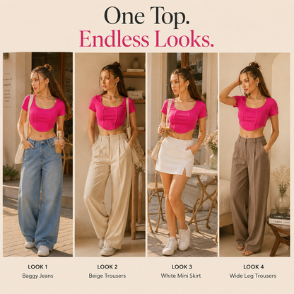 MUSE & MODE Women's Hot Pink Rib Knit Square Neck Crop Top | Slim Fit Stretchy Short Sleeve Y2K Top | Trendy Aesthetic Casual Top for Women