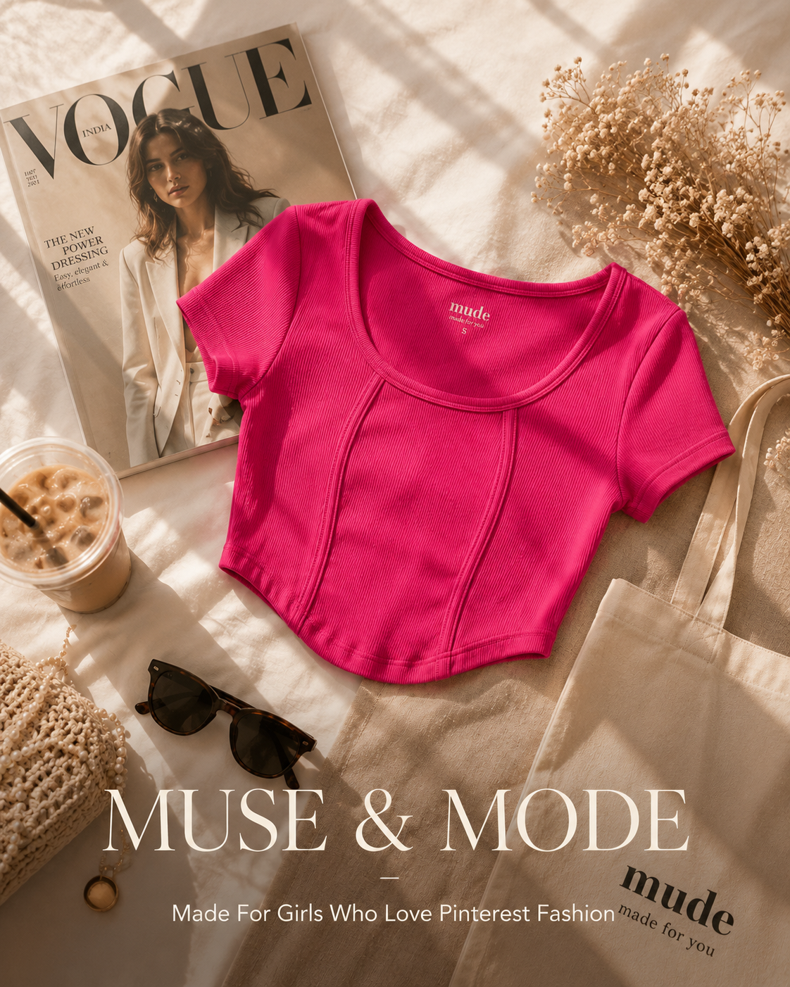 MUSE & MODE Women's Hot Pink Rib Knit Square Neck Crop Top | Slim Fit Stretchy Short Sleeve Y2K Top | Trendy Aesthetic Casual Top for Women