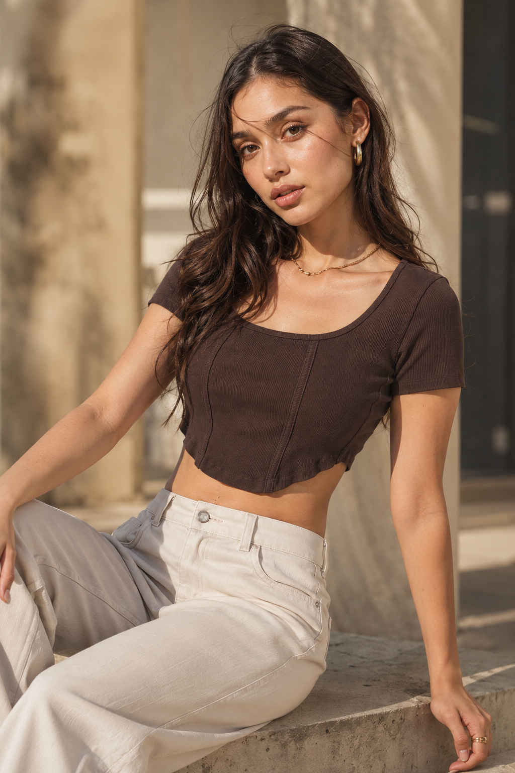 MUSE & MODE Women's Mocha Brown Rib Knit Square Neck Crop Top | Slim Fit Stretchy Short Sleeve Top | Trendy Aesthetic Casual Y2K Top for Women