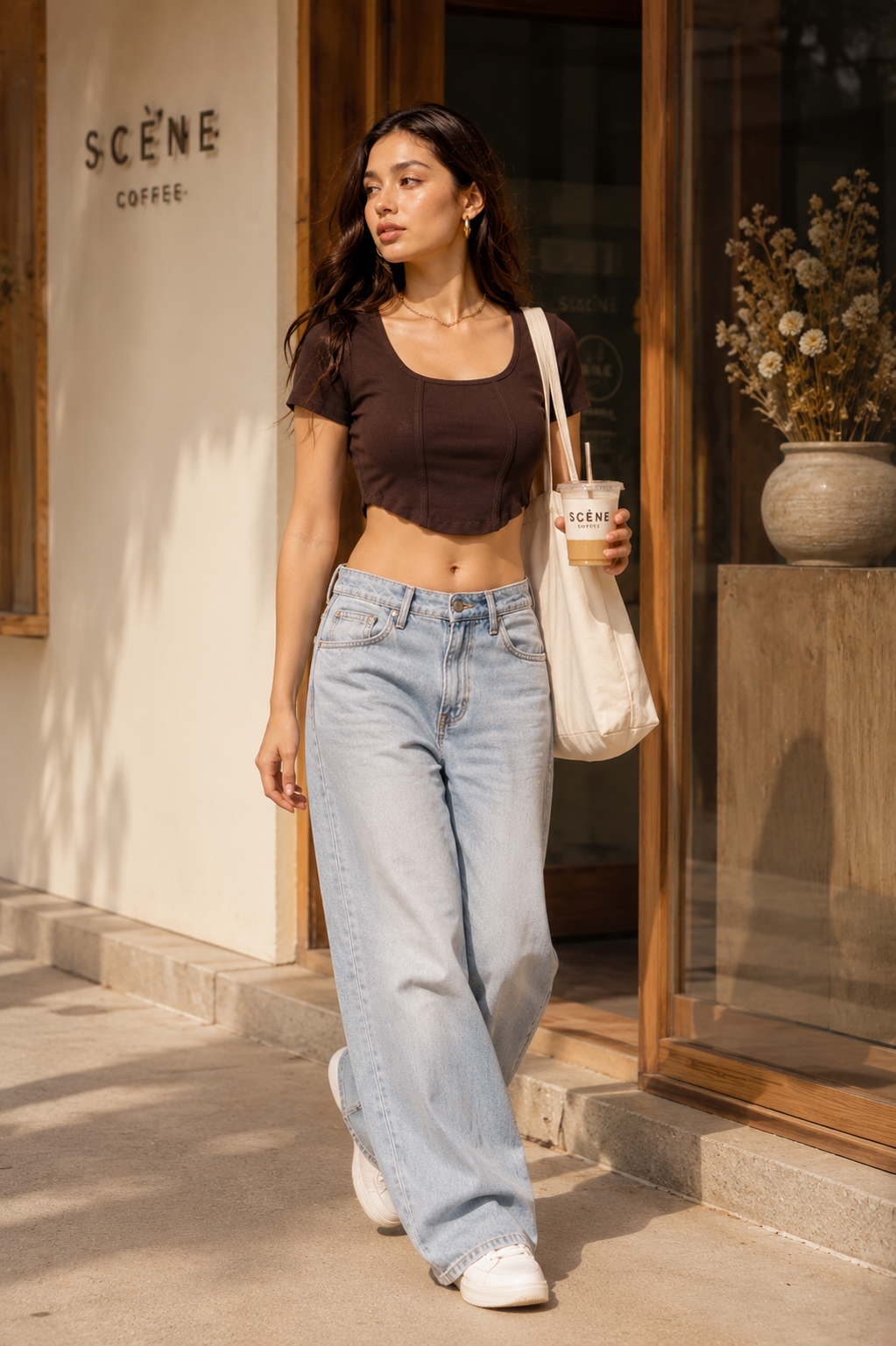 MUSE & MODE Women's Mocha Brown Rib Knit Square Neck Crop Top | Slim Fit Stretchy Short Sleeve Top | Trendy Aesthetic Casual Y2K Top for Women