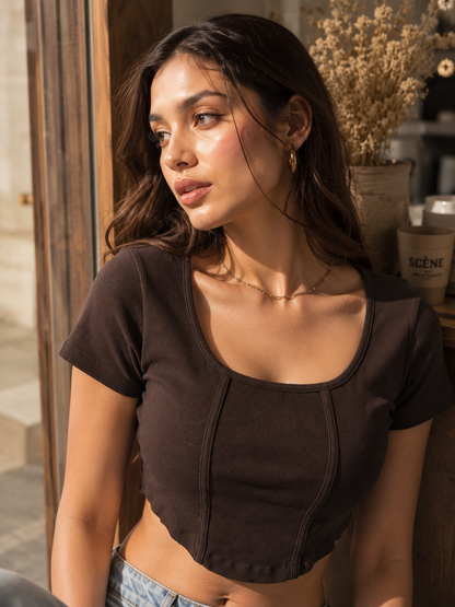 MUSE & MODE Women's Mocha Brown Rib Knit Square Neck Crop Top | Slim Fit Stretchy Short Sleeve Top | Trendy Aesthetic Casual Y2K Top for Women