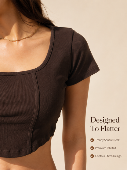 MUSE & MODE Women's Mocha Brown Rib Knit Square Neck Crop Top | Slim Fit Stretchy Short Sleeve Top | Trendy Aesthetic Casual Y2K Top for Women