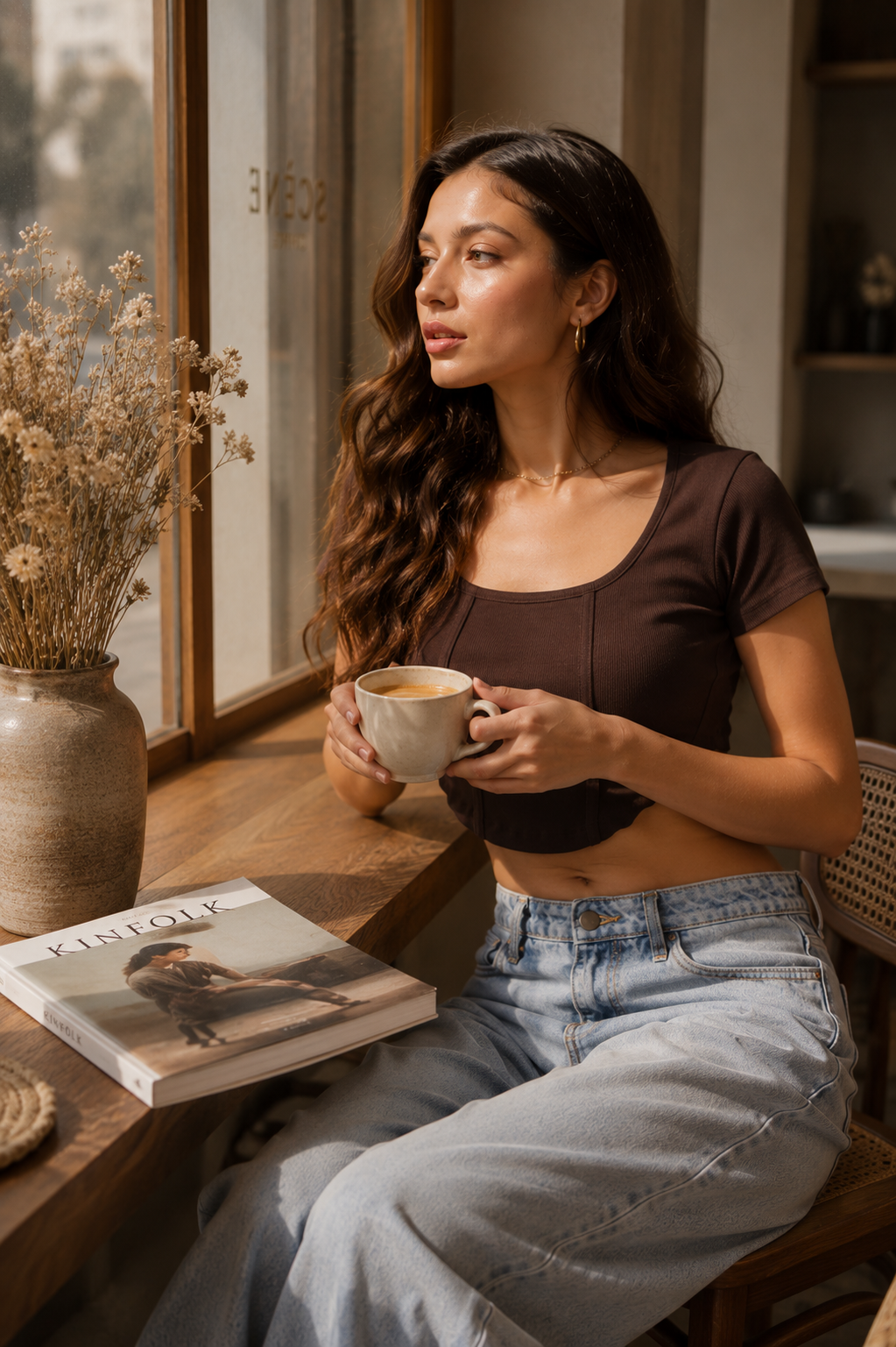 MUSE & MODE Women's Mocha Brown Rib Knit Square Neck Crop Top | Slim Fit Stretchy Short Sleeve Top | Trendy Aesthetic Casual Y2K Top for Women