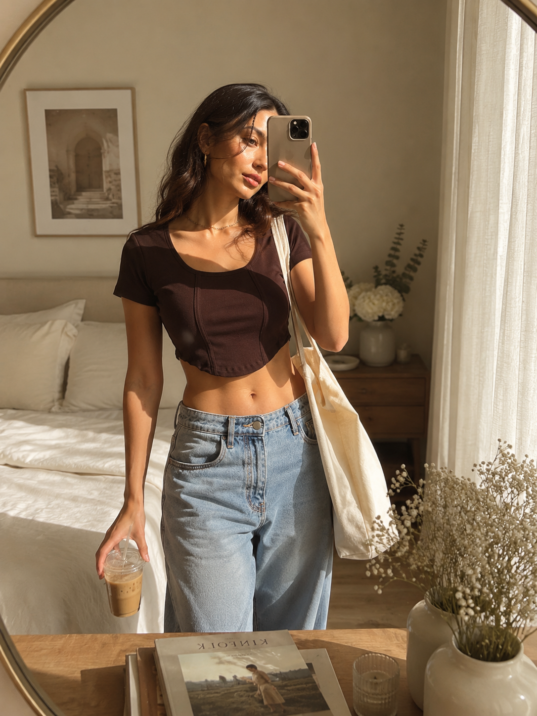 MUSE & MODE Women's Mocha Brown Rib Knit Square Neck Crop Top | Slim Fit Stretchy Short Sleeve Top | Trendy Aesthetic Casual Y2K Top for Women