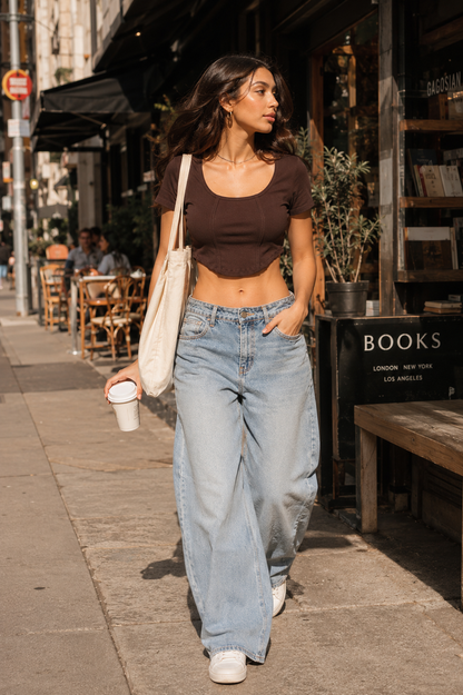 MUSE & MODE Women's Mocha Brown Rib Knit Square Neck Crop Top | Slim Fit Stretchy Short Sleeve Top | Trendy Aesthetic Casual Y2K Top for Women