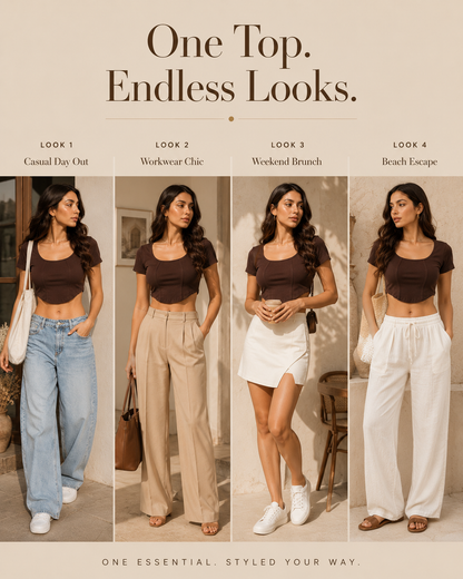 MUSE & MODE Women's Mocha Brown Rib Knit Square Neck Crop Top | Slim Fit Stretchy Short Sleeve Top | Trendy Aesthetic Casual Y2K Top for Women