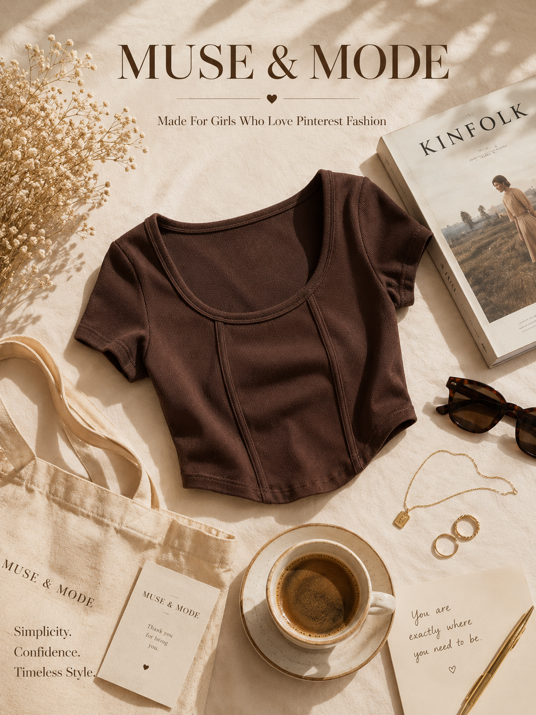 MUSE & MODE Women's Mocha Brown Rib Knit Square Neck Crop Top | Slim Fit Stretchy Short Sleeve Top | Trendy Aesthetic Casual Y2K Top for Women