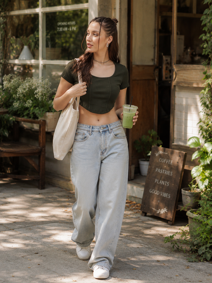 MUSE & MODE Women's Ribbed Contour Crop Top | Soft Stretch Fitted Top | Square Neck Short Sleeve Casual Summer Top
