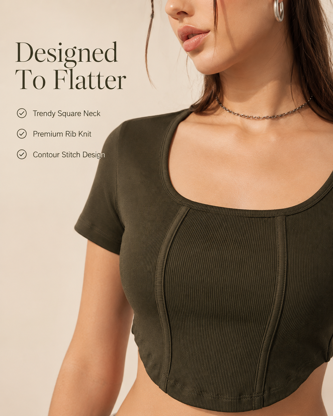 MUSE & MODE Women's Ribbed Contour Crop Top | Soft Stretch Fitted Top | Square Neck Short Sleeve Casual Summer Top