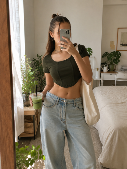 MUSE & MODE Women's Ribbed Contour Crop Top | Soft Stretch Fitted Top | Square Neck Short Sleeve Casual Summer Top