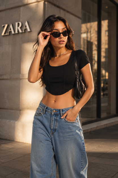 MUSE & MODE Women's Rib Knit Square Neck Crop Top | Slim Fit Stretchy Short Sleeve Corset-Inspired Top | Trendy Y2K Casual Going Out Top for Women
