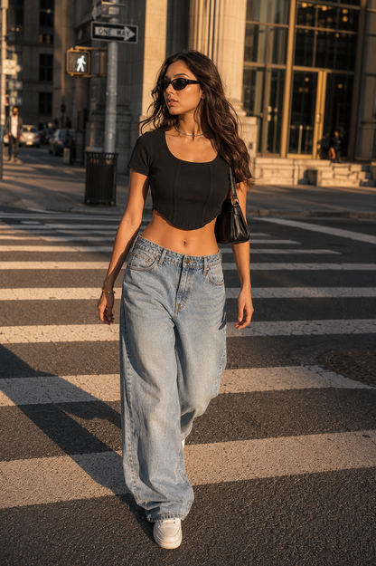 MUSE & MODE Women's Rib Knit Square Neck Crop Top | Slim Fit Stretchy Short Sleeve Corset-Inspired Top | Trendy Y2K Casual Going Out Top for Women