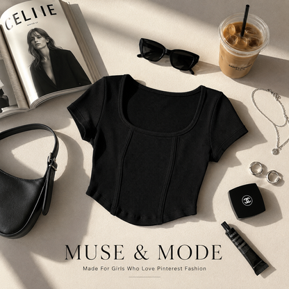 MUSE & MODE Women's Rib Knit Square Neck Crop Top | Slim Fit Stretchy Short Sleeve Corset-Inspired Top | Trendy Y2K Casual Going Out Top for Women